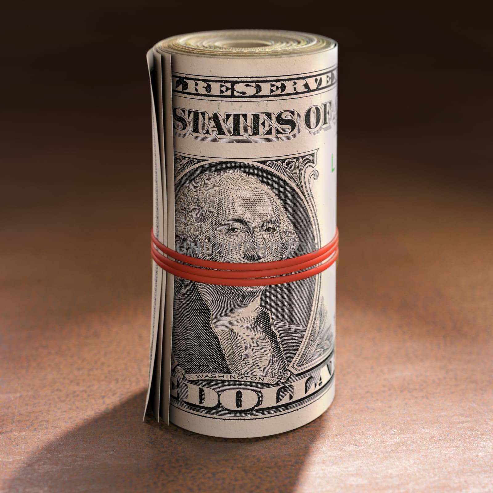 Money roll with elastic gagging the mouth of George Washington.