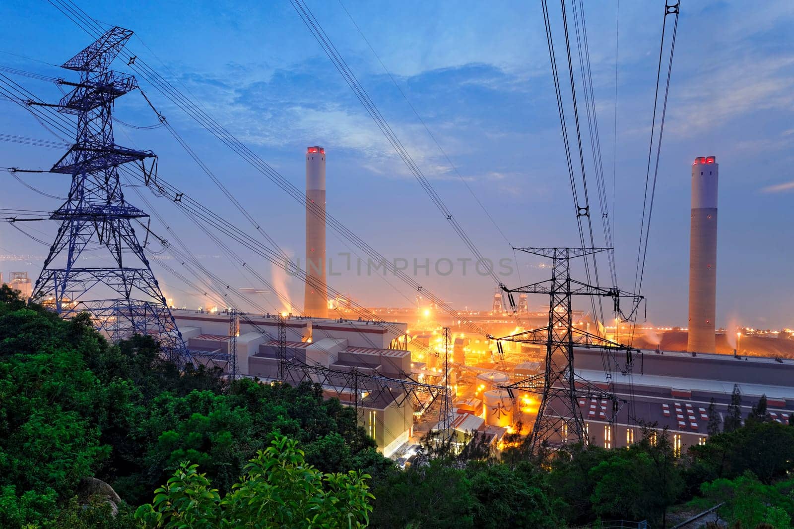 coal power station and night blue sky in hong kong