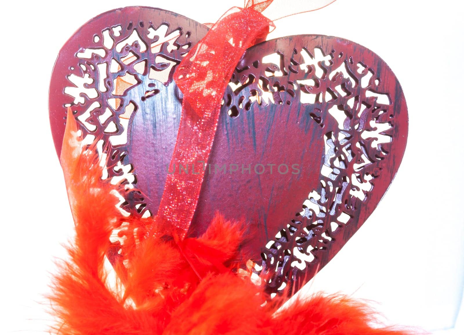 Wooden red hearth. Decoration for wedding party