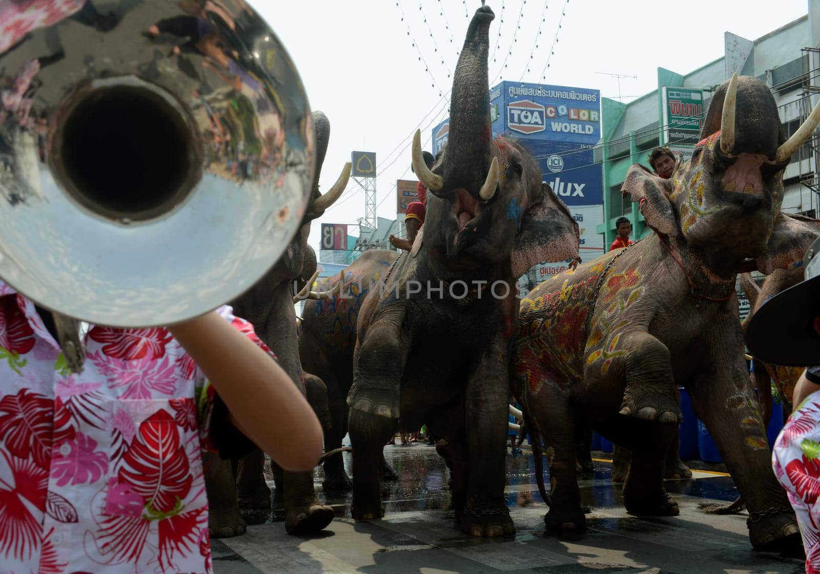 The Thai New Year or Songkran Festival or Water festival in the city of Ayutthaya north of Bangkok in Thailand in Southeastasia.