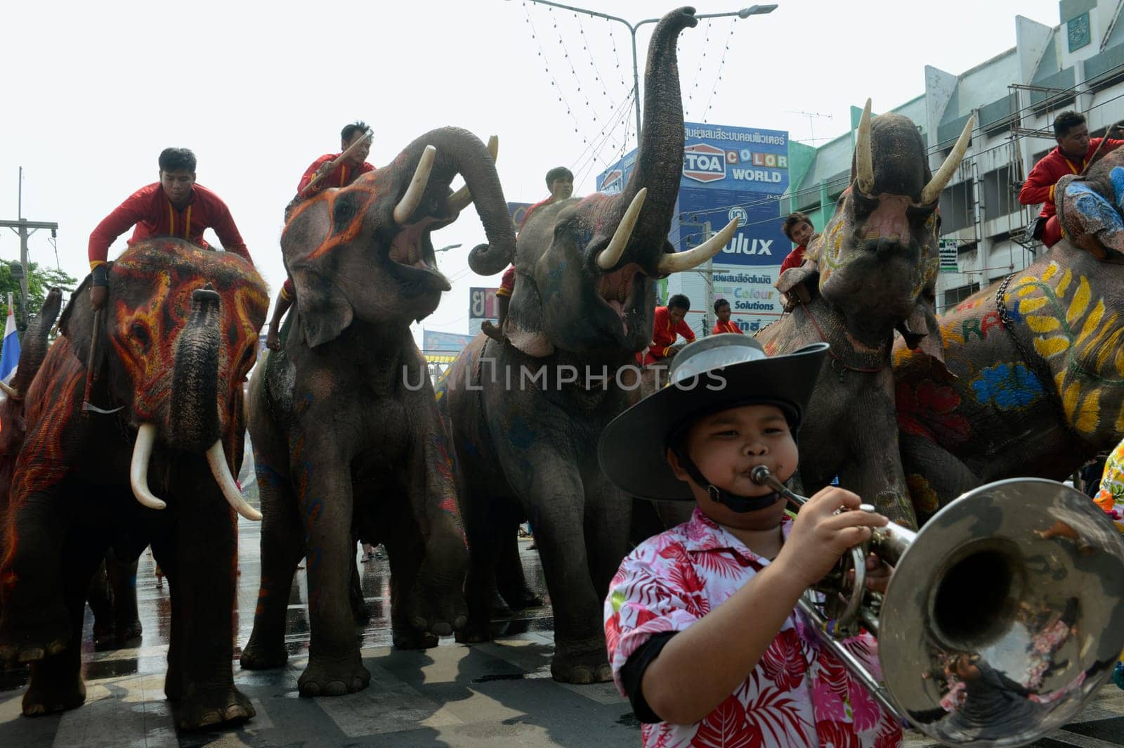The Thai New Year or Songkran Festival or Water festival in the city of Ayutthaya north of Bangkok in Thailand in Southeastasia.