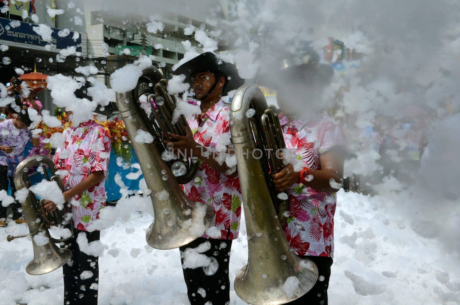 The Thai New Year or Songkran Festival or Water festival in the city of Ayutthaya north of Bangkok in Thailand in Southeastasia.
