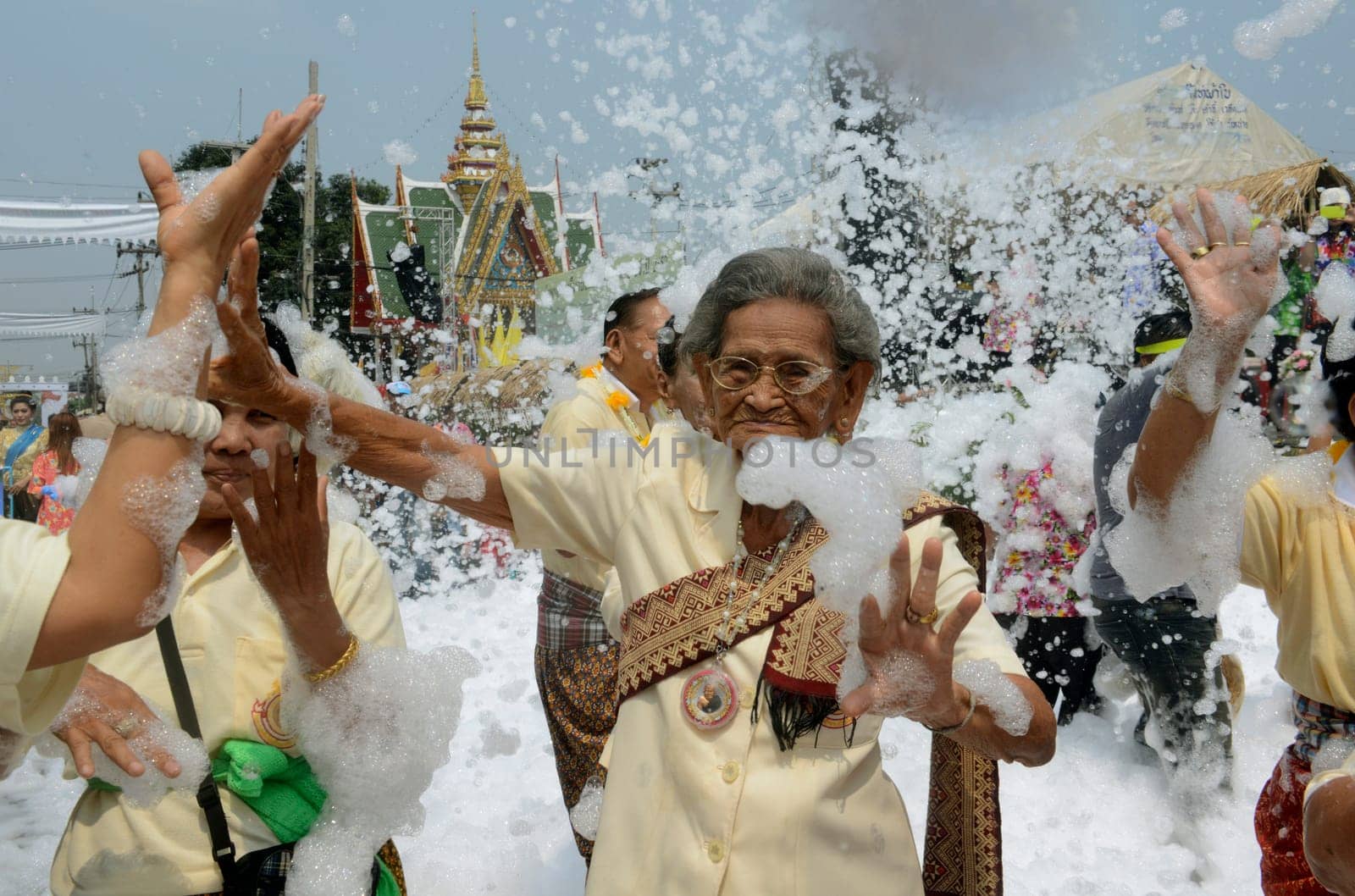 The Thai New Year or Songkran Festival or Water festival in the city of Ayutthaya north of Bangkok in Thailand in Southeastasia.