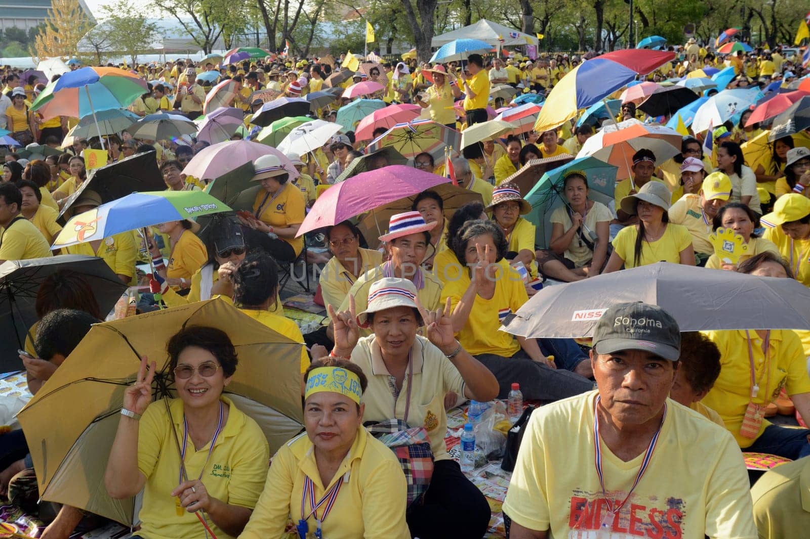Tousends of Thai People at the ceremony of the coronation Day of the King Bhumibol on the Sanam Square Park on the 5. May in the city of Bangkok in Tahiland, Southeastasia.