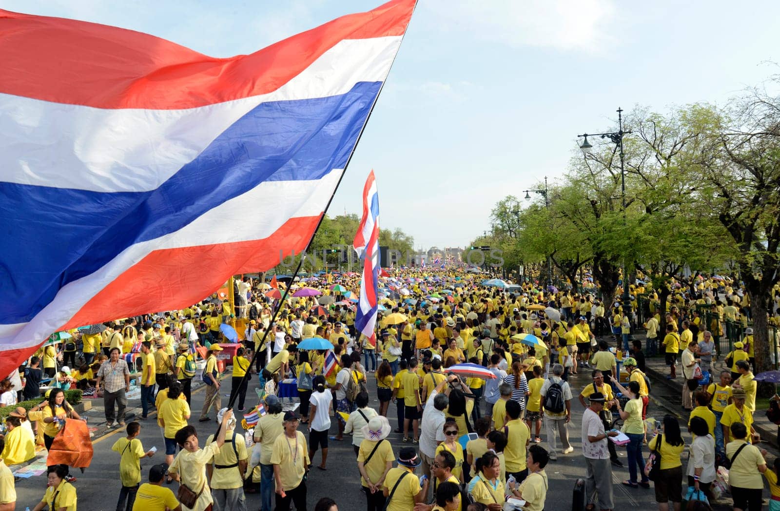Tousends of Thai People at the ceremony of the coronation Day of the King Bhumibol on the Sanam Square Park on the 5. May in the city of Bangkok in Tahiland, Southeastasia.
