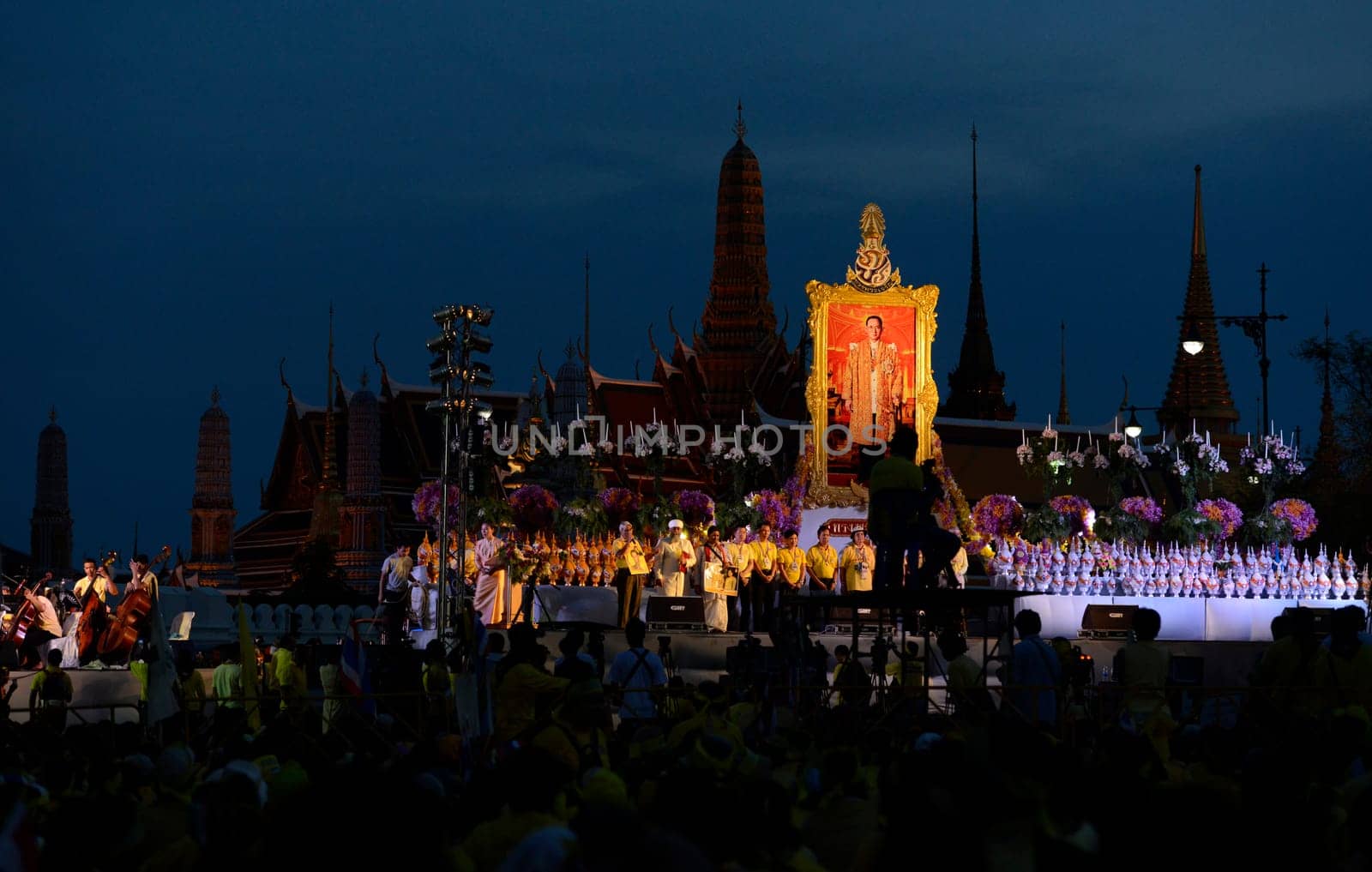 Tousends of Thai People at the ceremony of the coronation Day of the King Bhumibol on the Sanam Square Park on the 5. May in the city of Bangkok in Tahiland, Southeastasia.