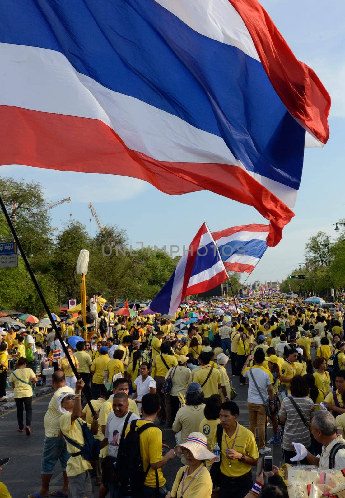 Tousends of Thai People at the ceremony of the coronation Day of the King Bhumibol on the Sanam Square Park on the 5. May in the city of Bangkok in Tahiland, Southeastasia.