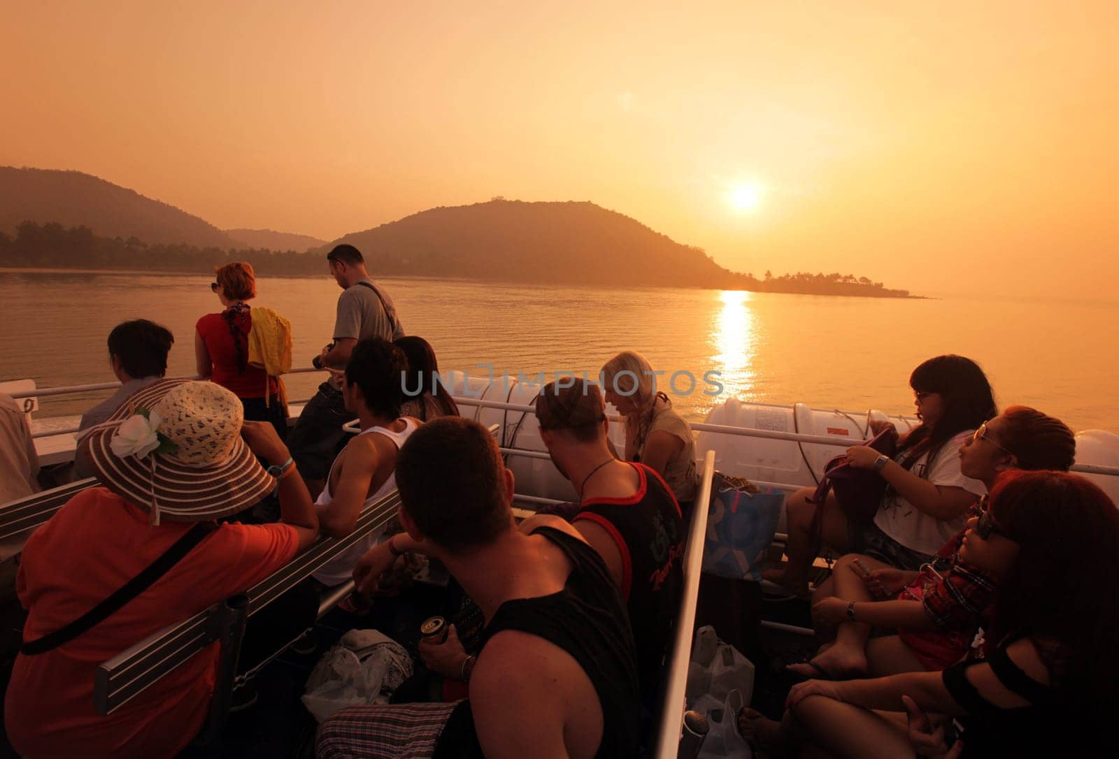a Tourist Ferry on the way tu the Beach at Hat Sai Ri on the Ko Tao Island in the Gulf of Thailand in the southeast of Thailand in Southeastasia.