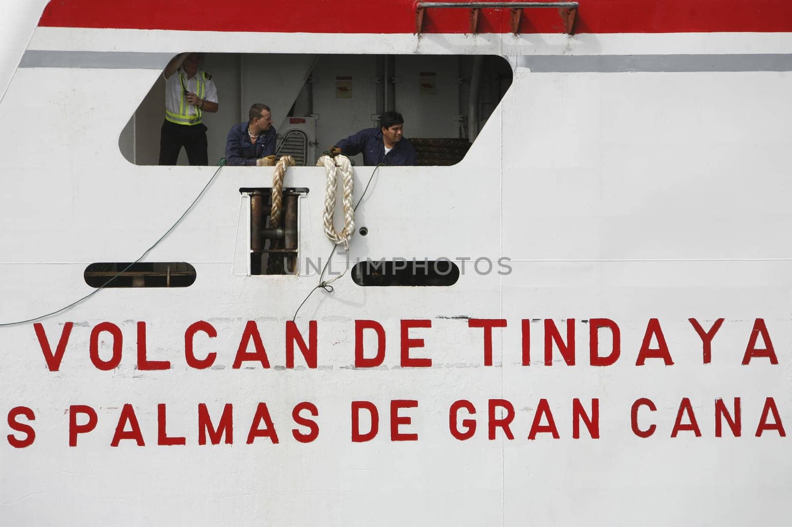 the Ferry on the conection from Playa Blanca on Lanzarote and Corralejo on Fuerteventura on the Canary Islands of Spain in the Atlantic Ocean. on the Island of Lanzarote on the Canary Islands of Spain in the Atlantic Ocean..