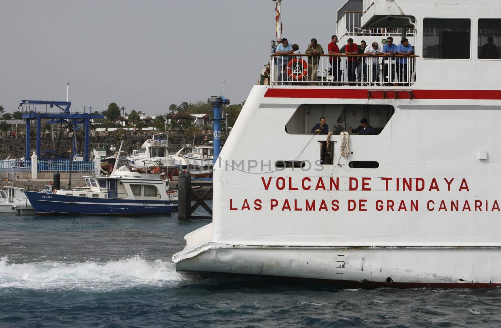 the Ferry on the conection from Playa Blanca on Lanzarote and Corralejo on Fuerteventura on the Canary Islands of Spain in the Atlantic Ocean. on the Island of Lanzarote on the Canary Islands of Spain in the Atlantic Ocean..