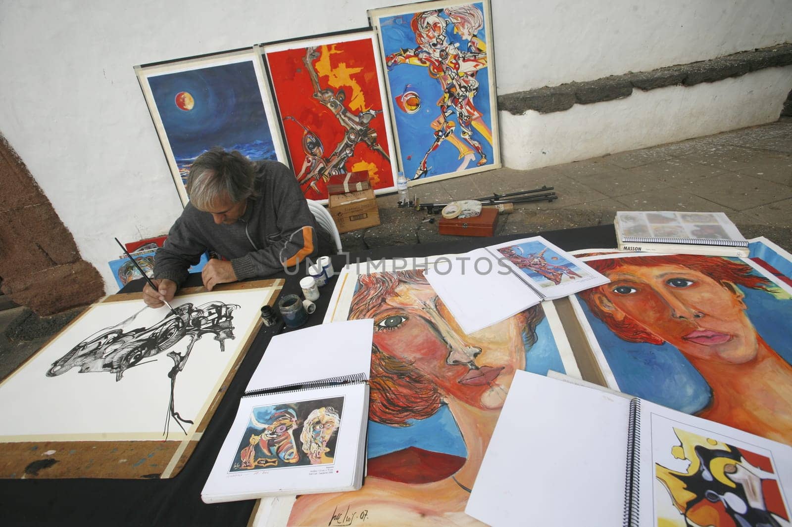 the sunday market in the old town of Teguise on the Island of Lanzarote on the Canary Islands of Spain in the Atlantic Ocean. on the Island of Lanzarote on the Canary Islands of Spain in the Atlantic Ocean..