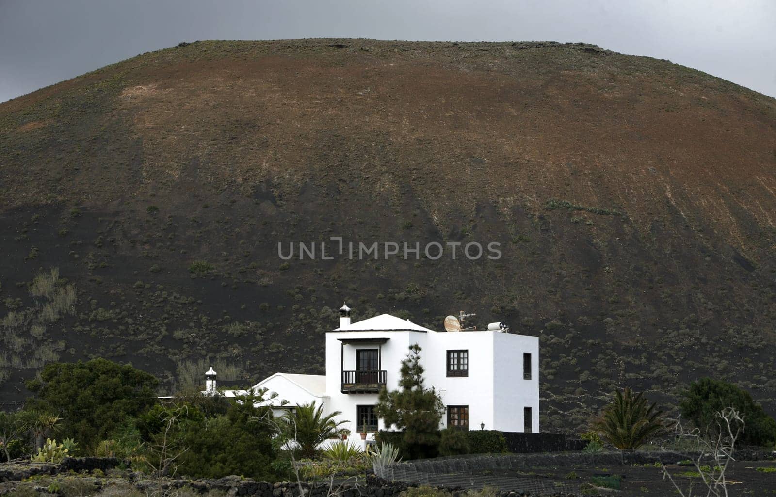 a House in the landscape of volcanic Hills on the Island of Lanzarote on the Canary Islands of Spain in the Atlantic Ocean..