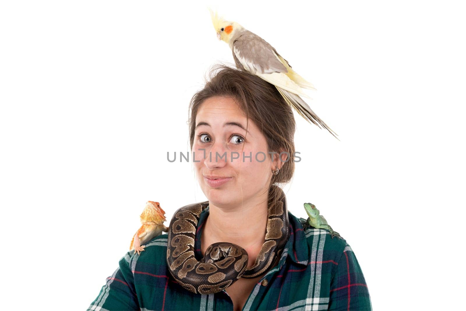 Girl with several pet animals isolated in white