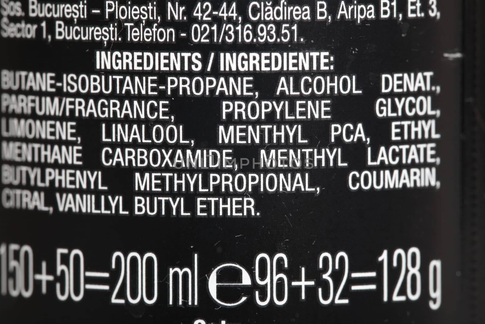 Ingredients of a deodorant bottle