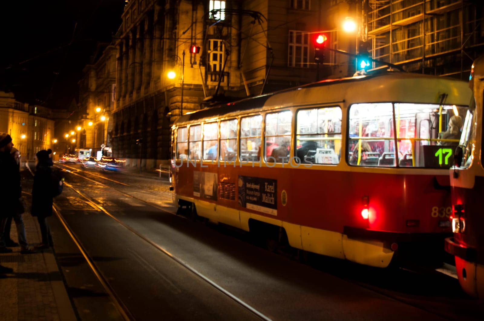 prague,march 18: old tram in motion blur,18,2016 in prague - czech republic