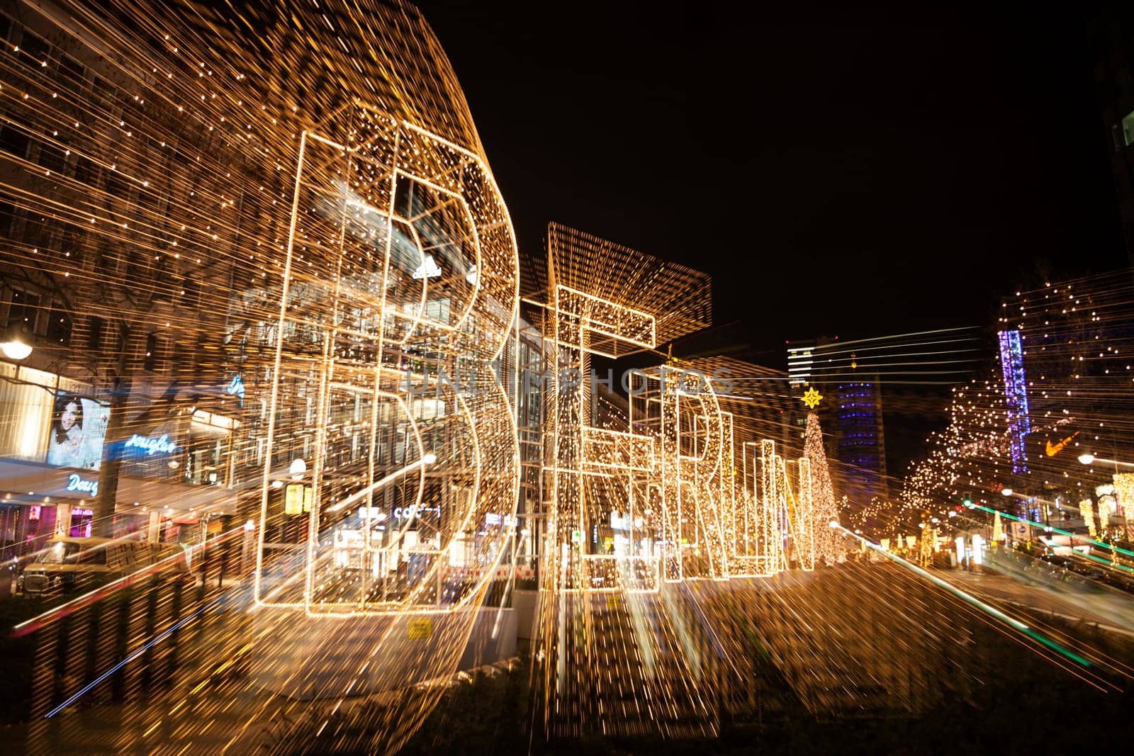 Berlin font with light trails at Christmas time