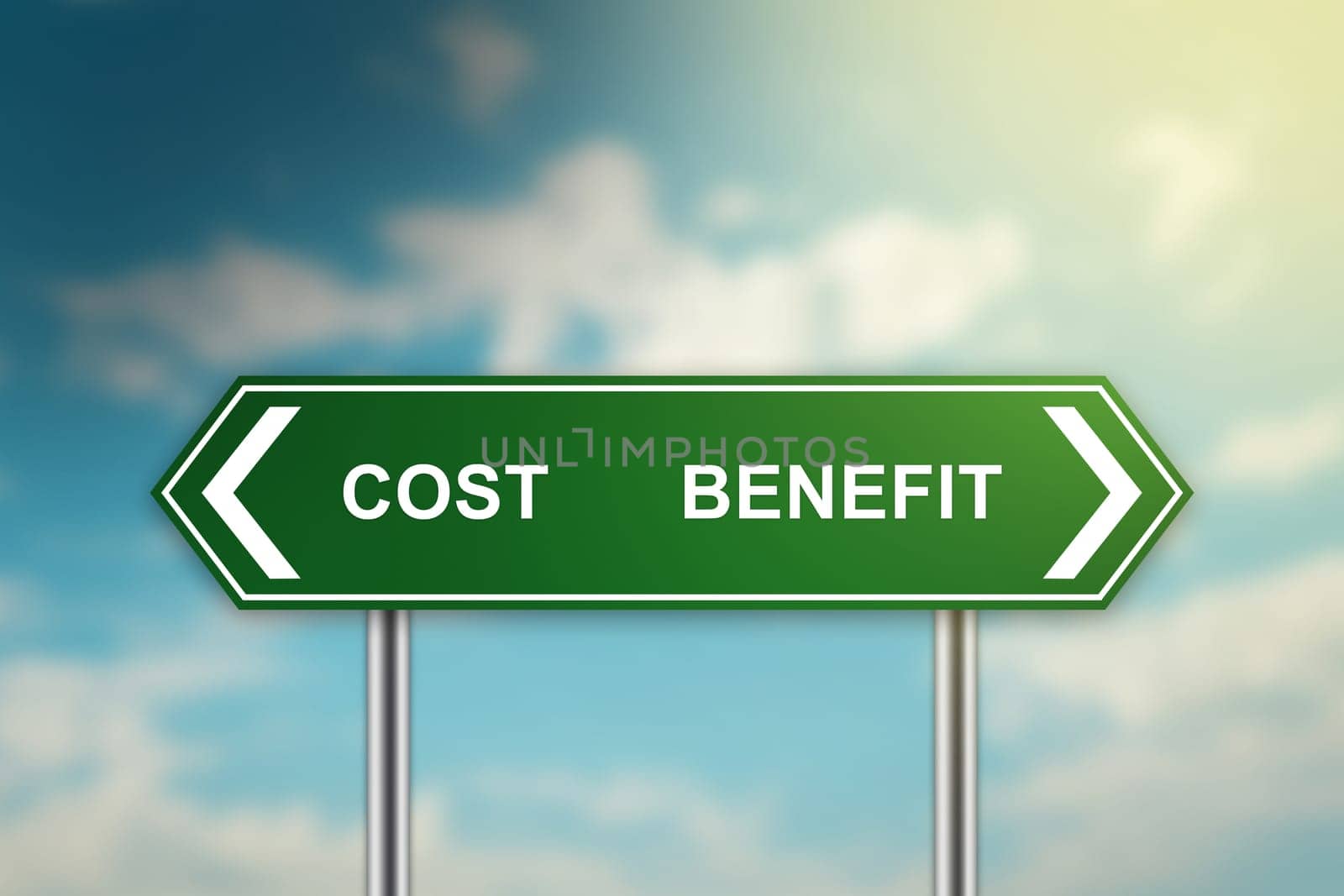 cost and benefit on green road sign with blurred blue sky, dark and bright side concept