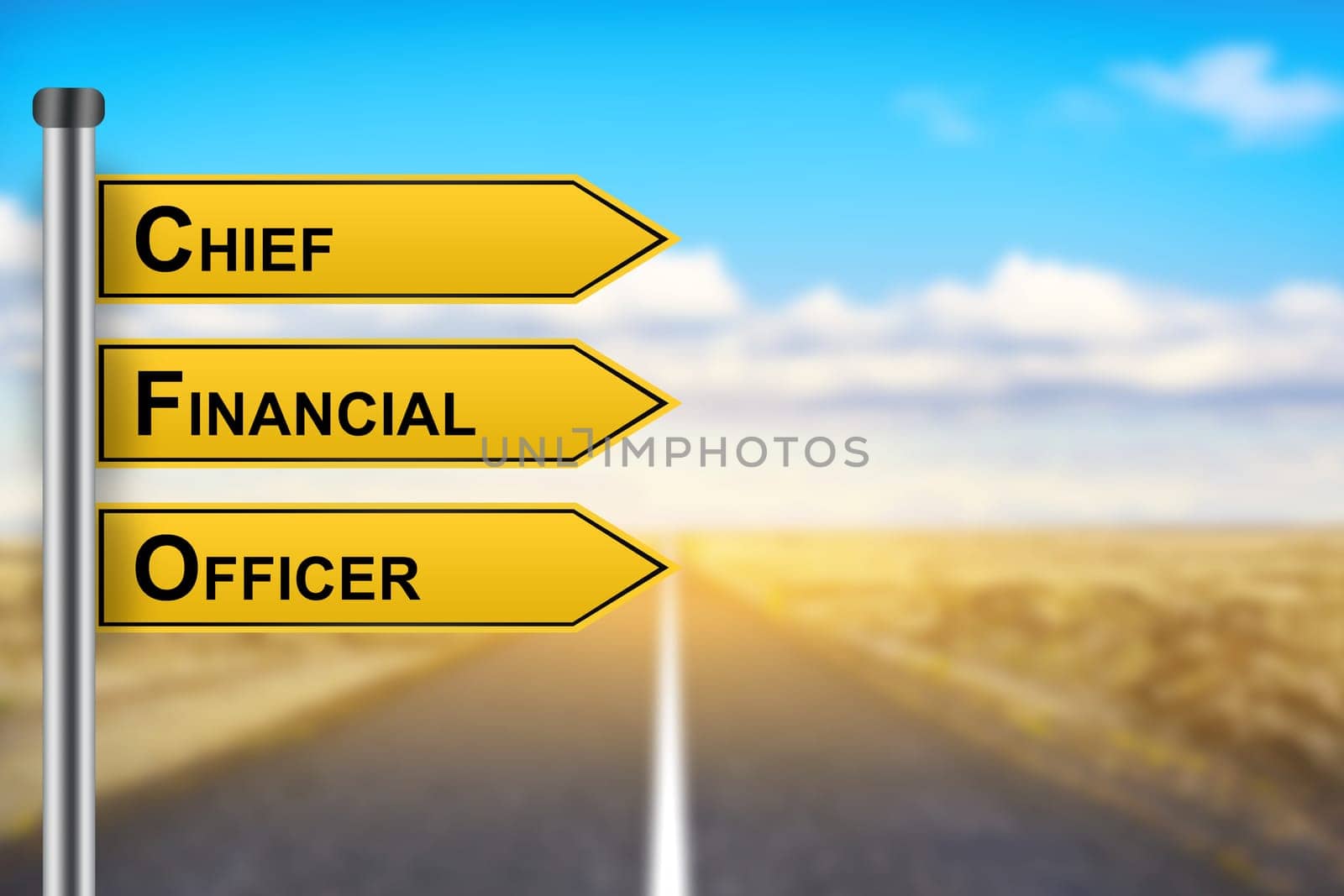 CFO or Chief Financial Officer words on yellow road sign with blurred background