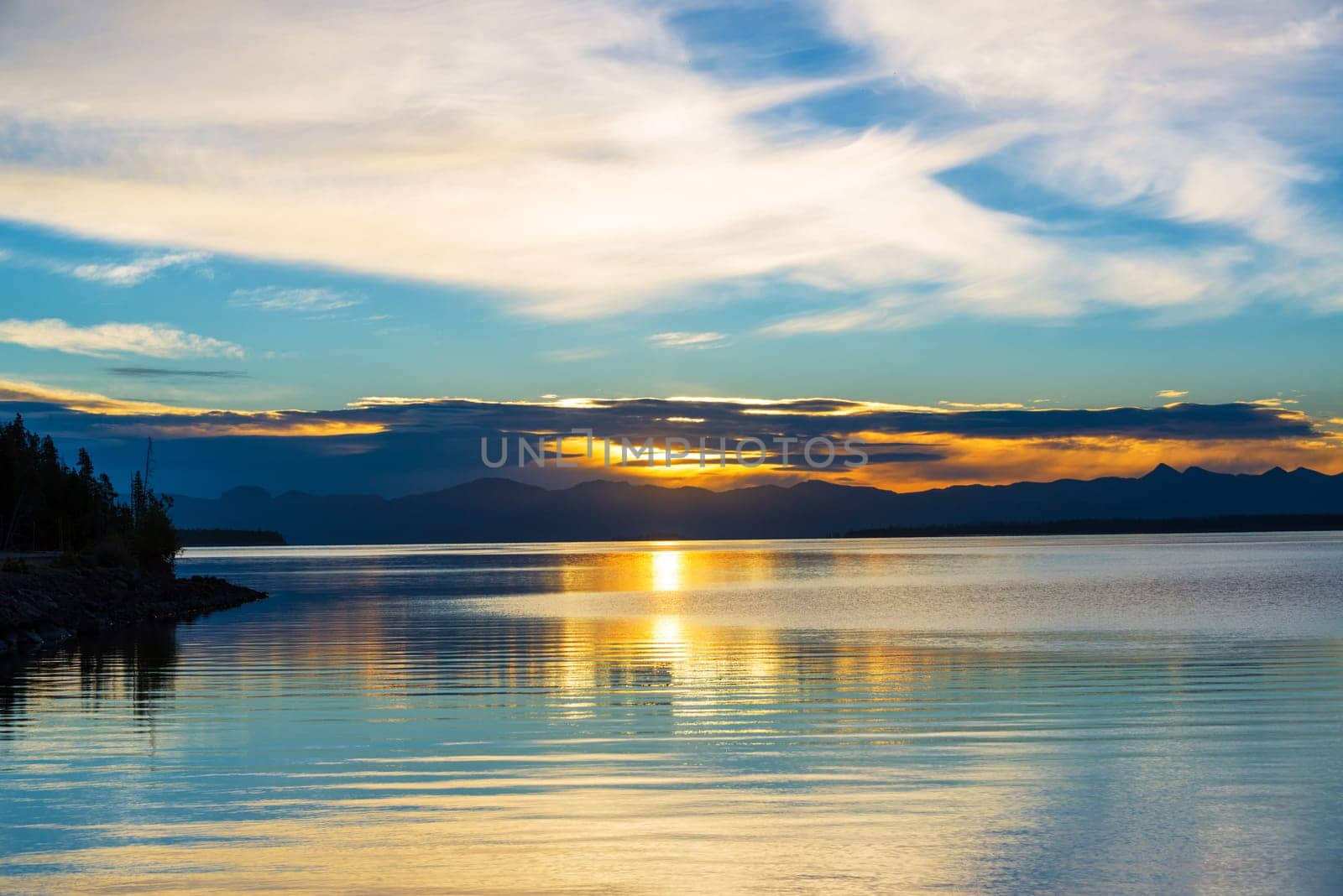 Beautiful dramatic sunrise over Yellowstone Lake in Yellowstone National Park