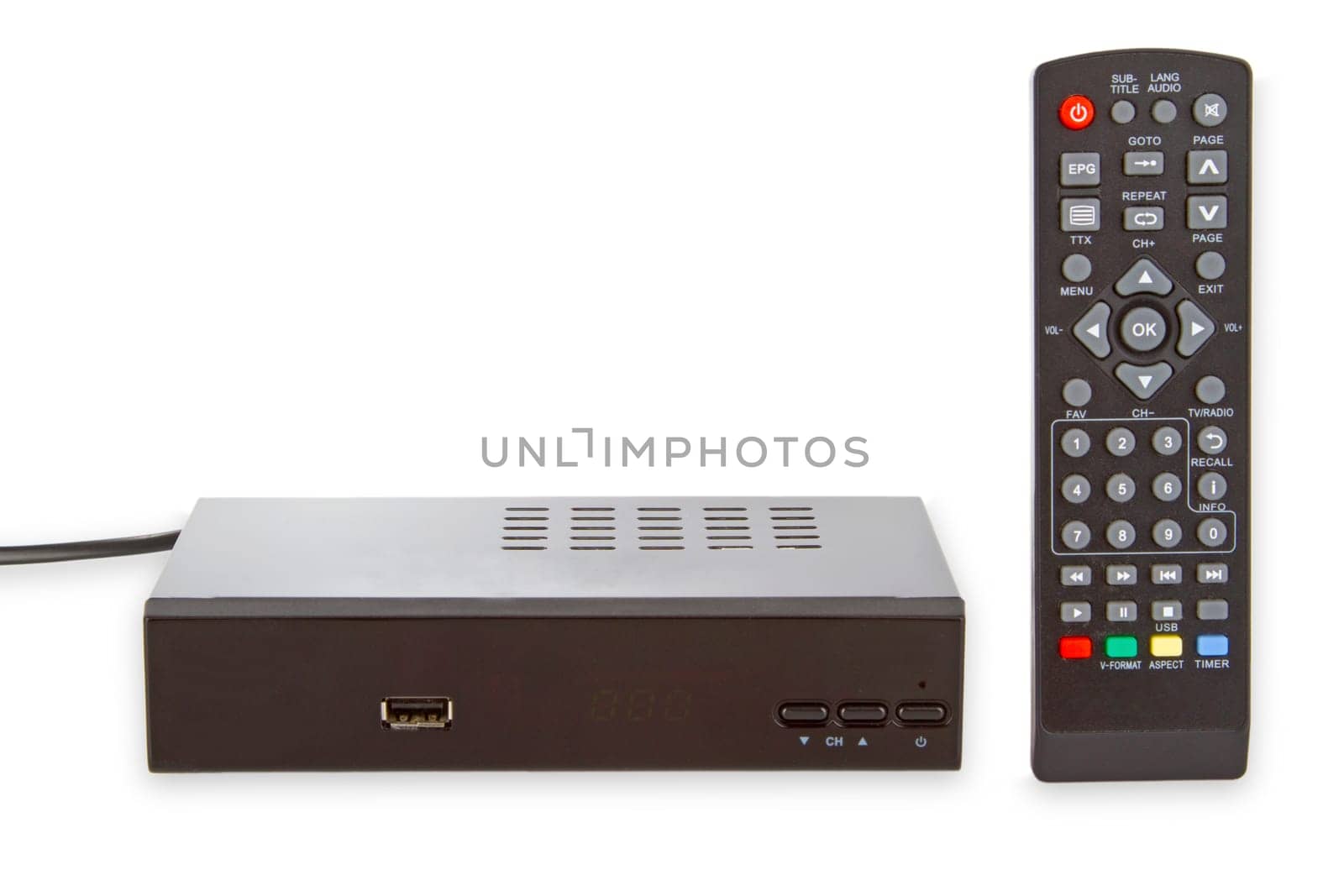 Receiver with remote control feigestellt on white background