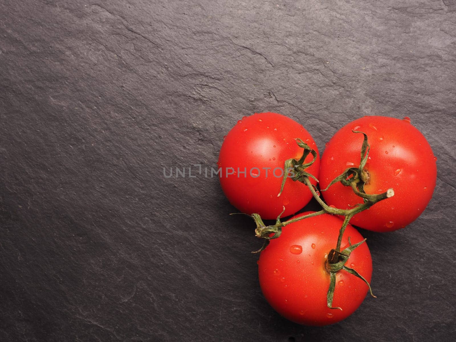 Three fresh organic tomatoes on a dark slate background with space for text