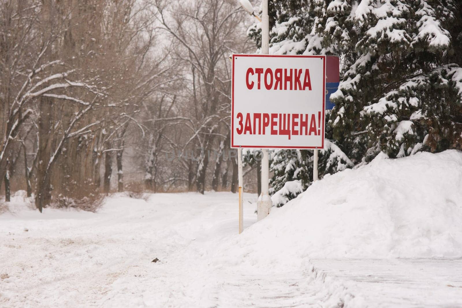 Stand "No parking"" at the snow-covered road"