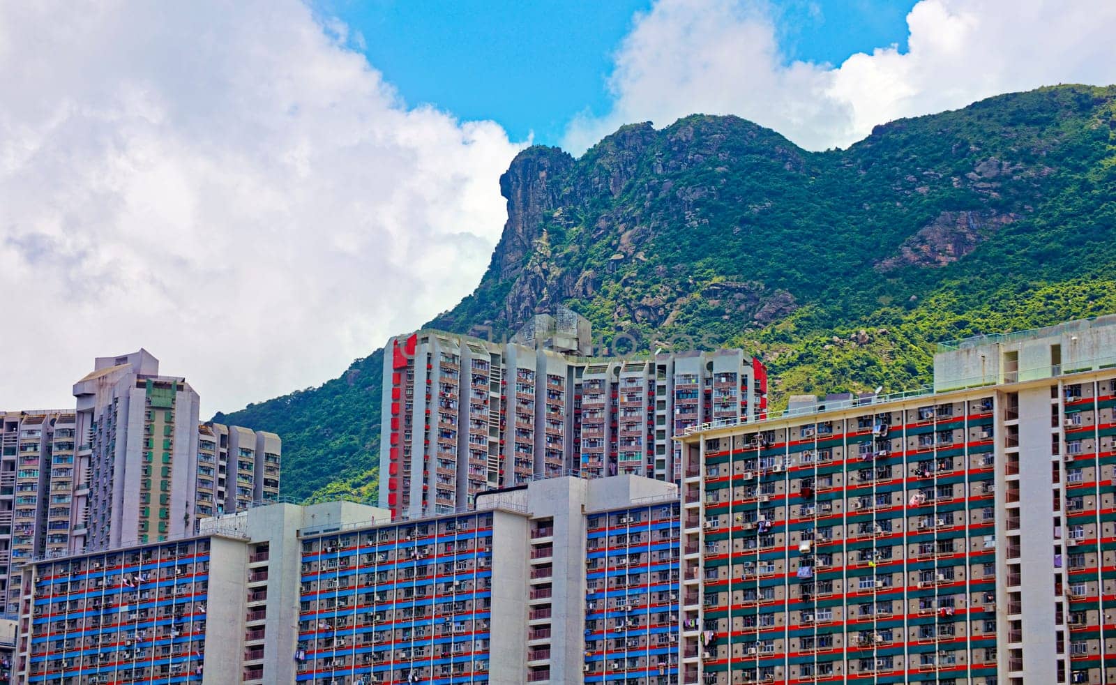 hong kong public estate with landmark lion rock at day