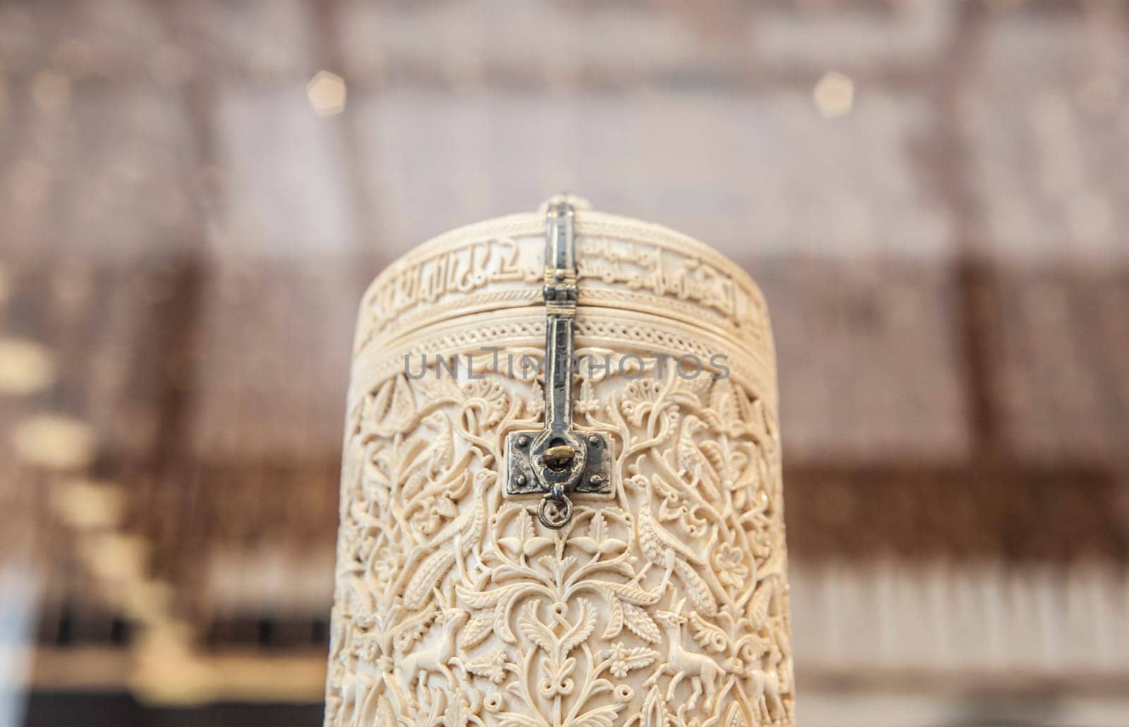 Madrid, Spain - July 10, 2016: Antique ivory box made during Arabic Middle Age rule in Spain at National Archeological Museum of Madrid