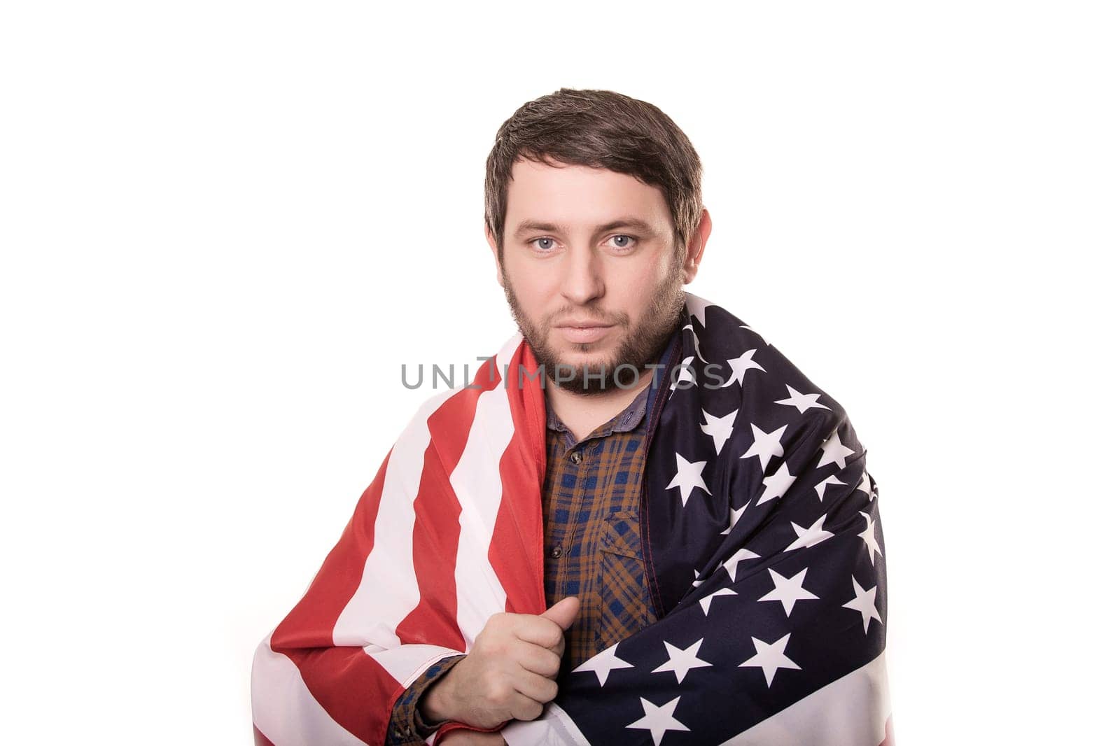 Man listening national anthem. Patriot. Isolated on white background.
