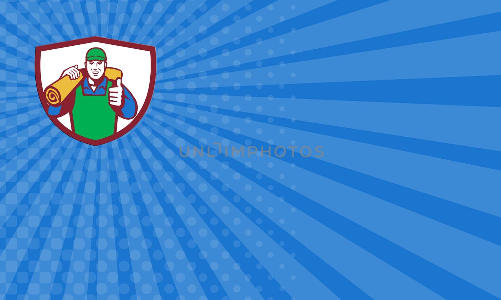 Business card showing illustration of a male carpet layer smiling with thumbs up and carrying roll of mat carpet on shoulder viewed from front set inside shield crest done in retro style.