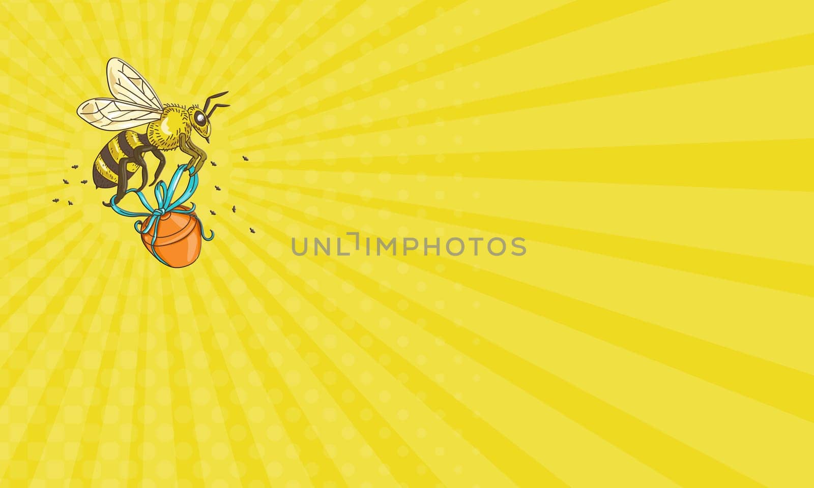 Business card showing Drawing sketch style illustration of a worker honey bee carrying a honey pot with ribbon viewed from the side set on isolated white background.