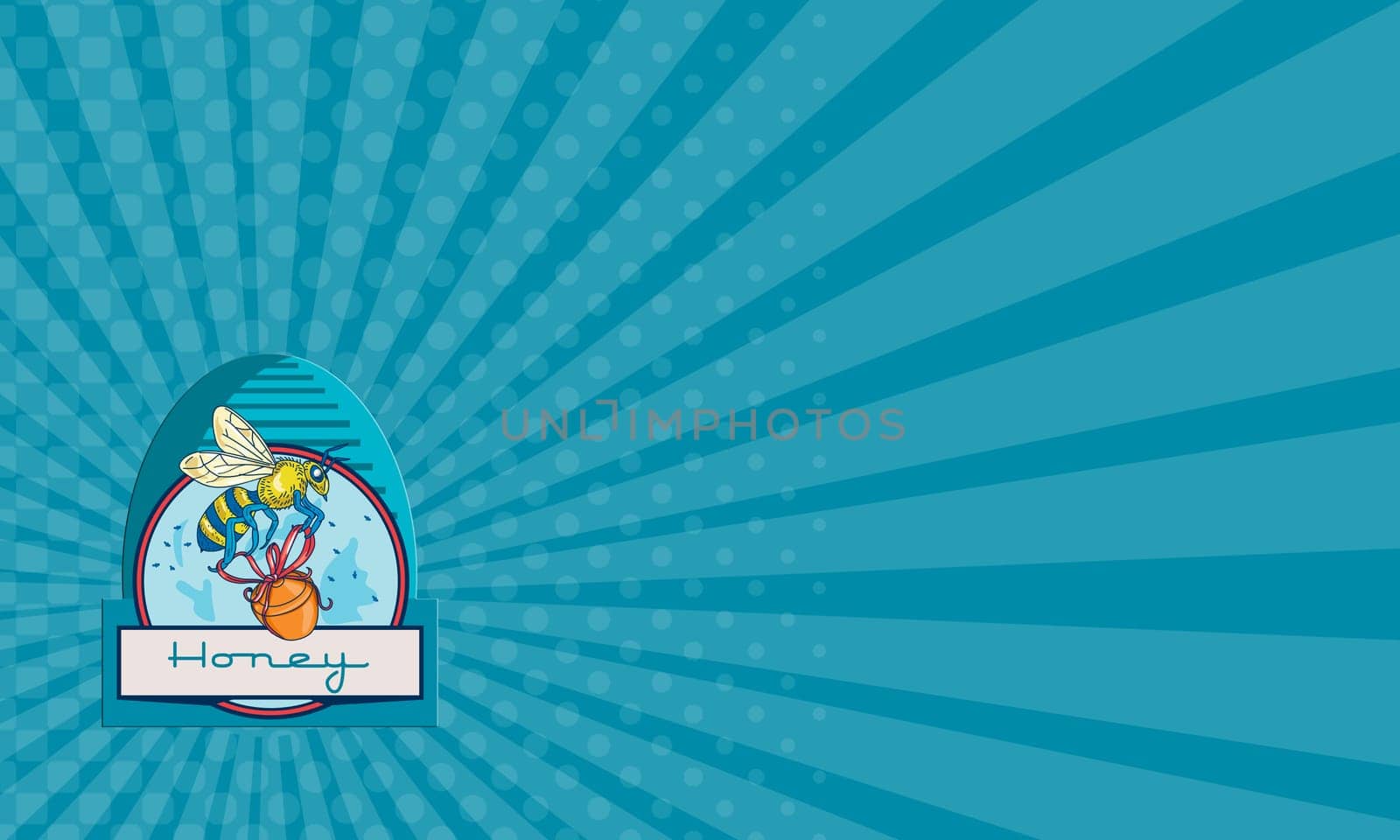Business card showing illustration of a worker honey bee carrying a honey pot with ribbon with skep in the background set inside circle and the word Honey in the bottom done in retro style.