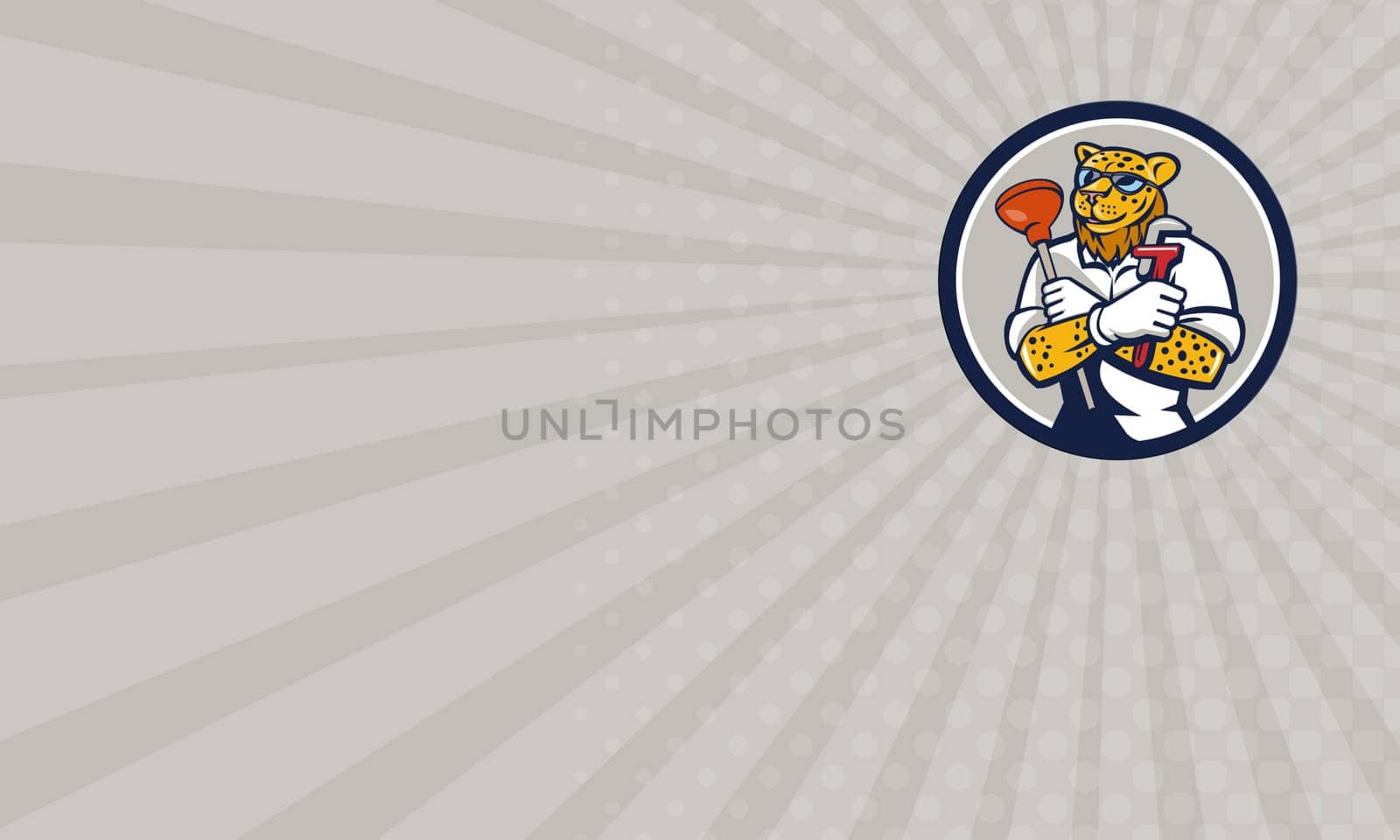 Business card showing illustration of a leopard plumber holding wrench and plunger viewed from front  set inside circle on isolated on background done in cartoon style.