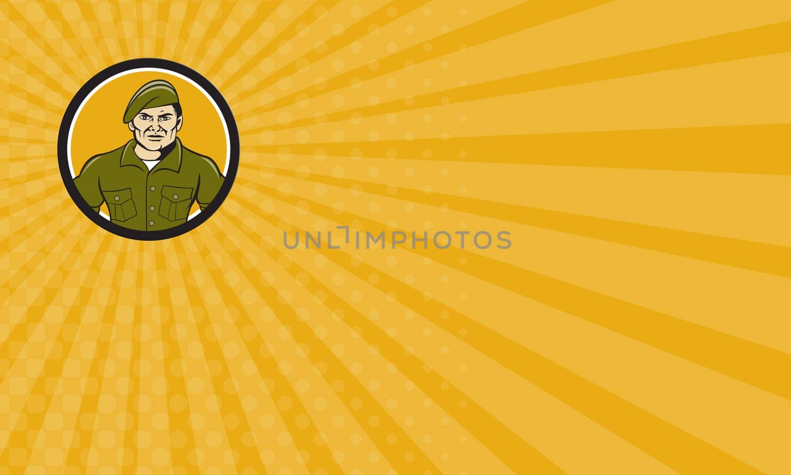 Business card showing illustration of a service ranger standing in full attention viewed from front set inside circle on isolated background done in cartoon style.