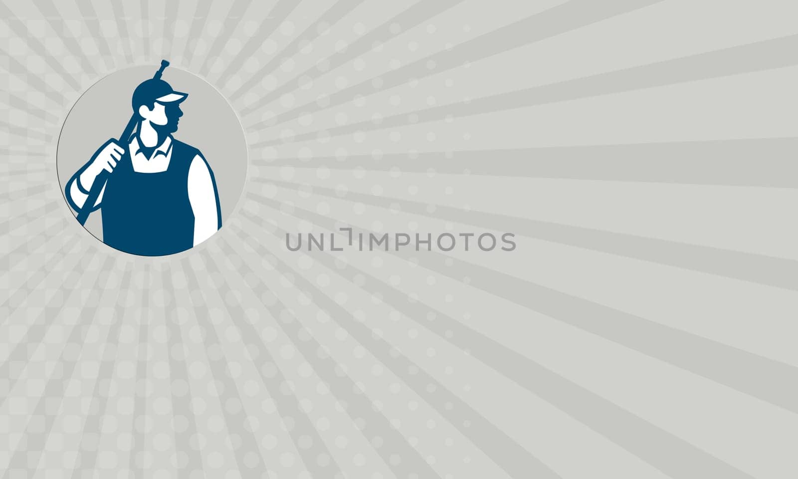 Business card showing illustration of a male pressure washing cleaner worker holding a water blaster on shoulder looking to the side viewed from front set inside circle on isolated background done in retro style.