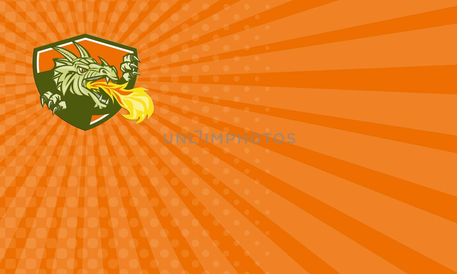 Business card showing illustration of a dragon head breathing fire looking to the side set inside shield crest done in retro style.
