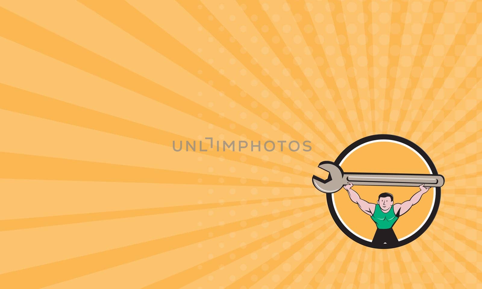 Business card showing illustration of a mechanic lifting giant spanner wrench over head viewed from front set inside circle on isolated background done in cartoon style.