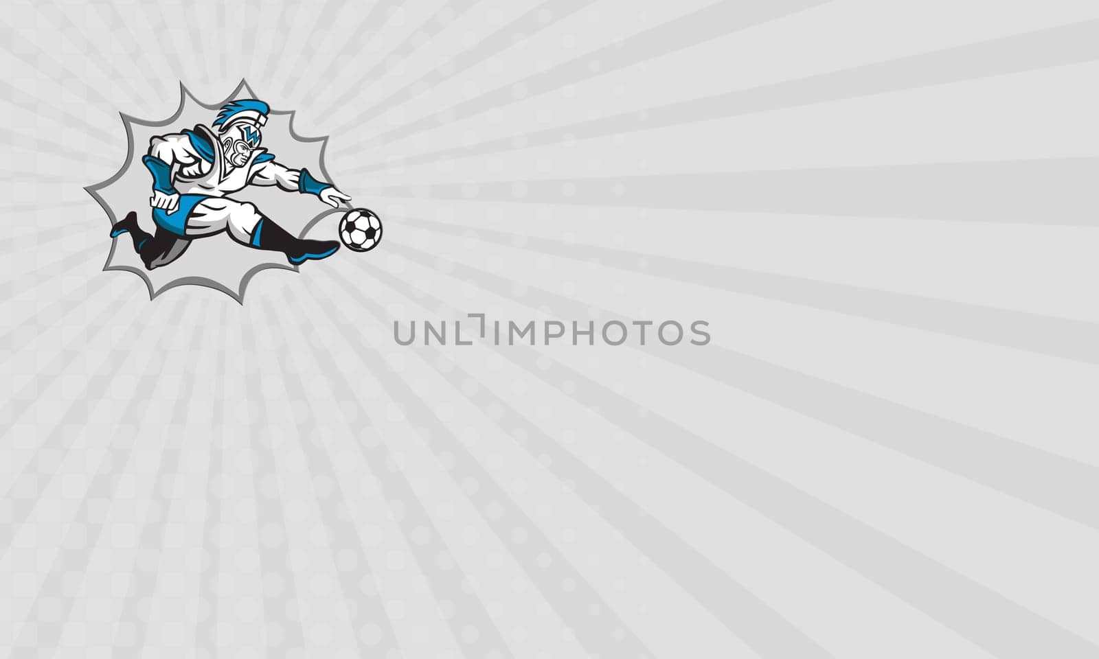 Business card showing illustration of centurion roman warrior soldier gladiator soccer player kicking football ball viewed from side on isolated background done in retro style.