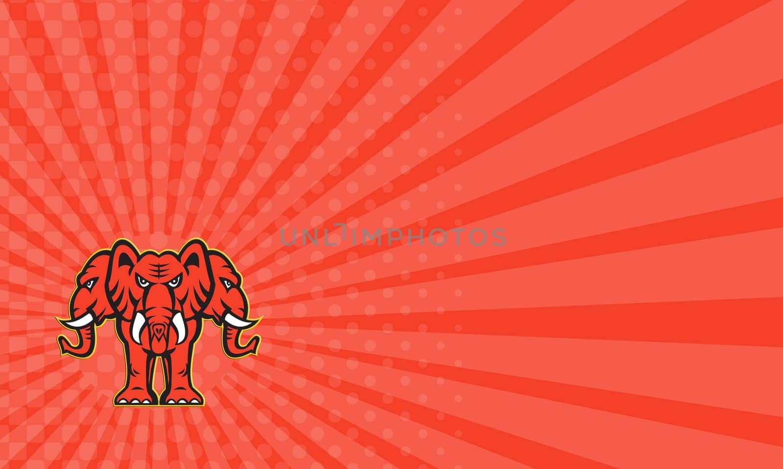 Business card showing illustration of a three headed elephant standing set on isolated white background done in retro style.