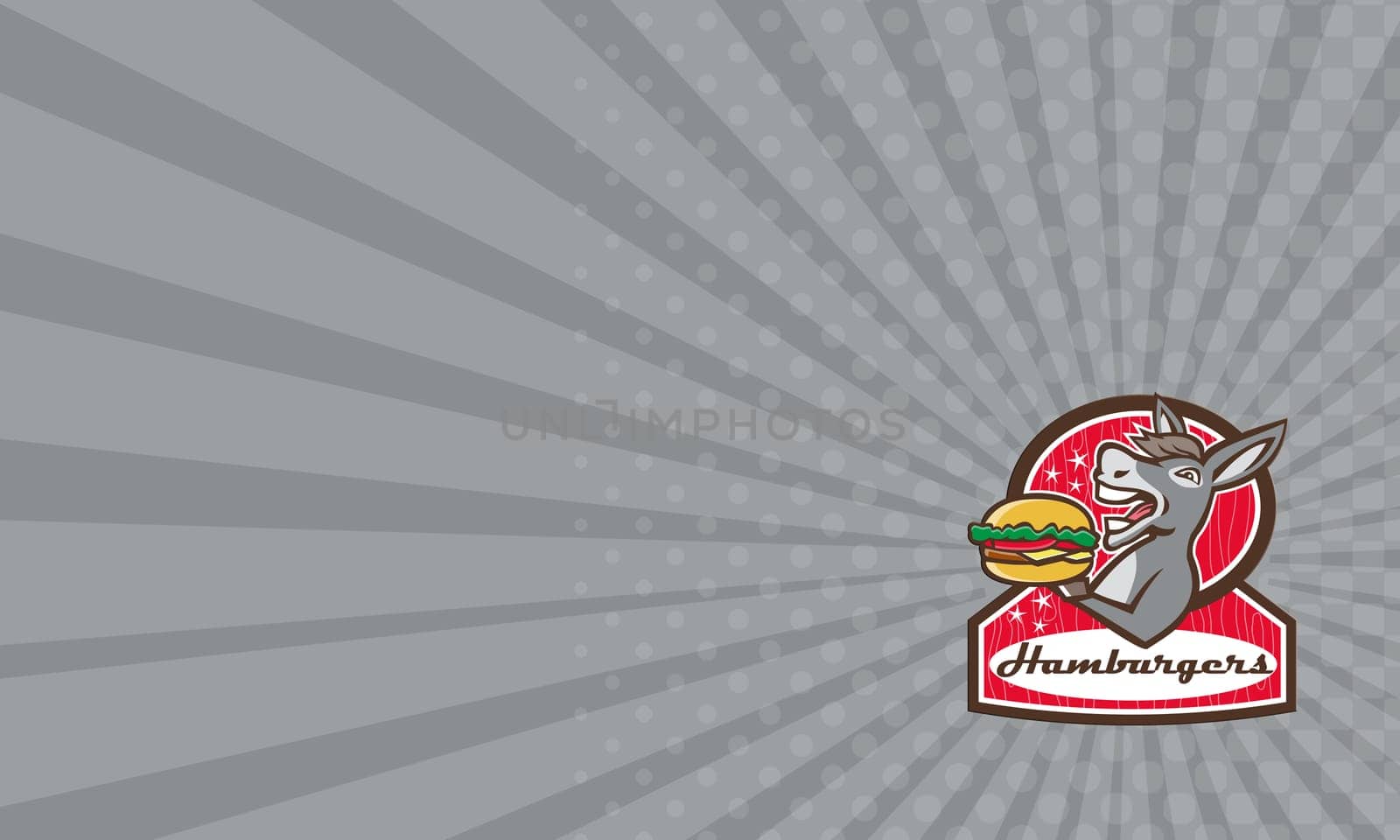 Business card showing illustration of a donkey, ass, mule or horse mascot serving up a hamburger burger sandwich set inside oval shape with words Hamburgers done in 1950s retro diner style viewed from the side done in retro style.