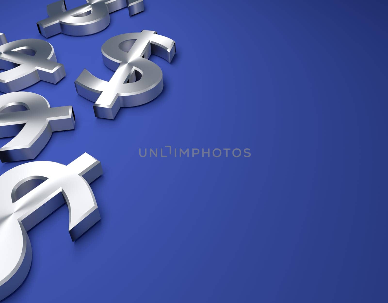 Steel dollar icon on a blue background with space for text or image, 3d rendering