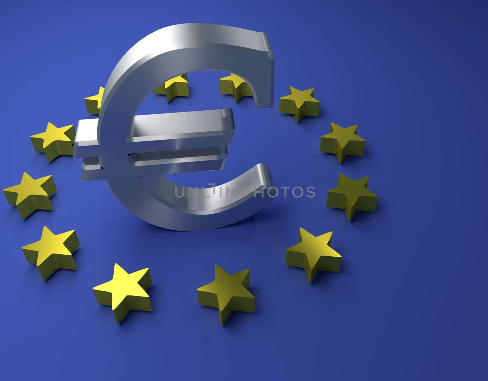 Euro sign with European stars on a blue background, 3d rendering