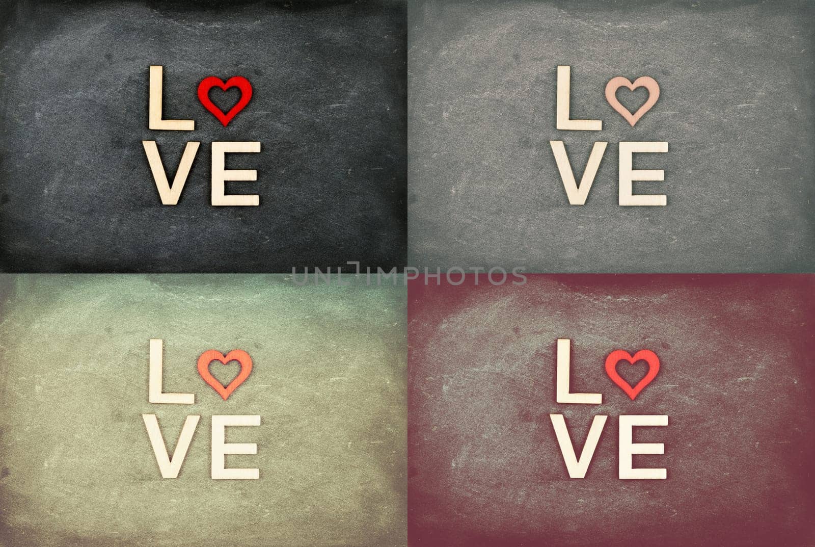 Photo Collage of Vintage Chalkboards with red hearts and word LOVE, creativity and love concept