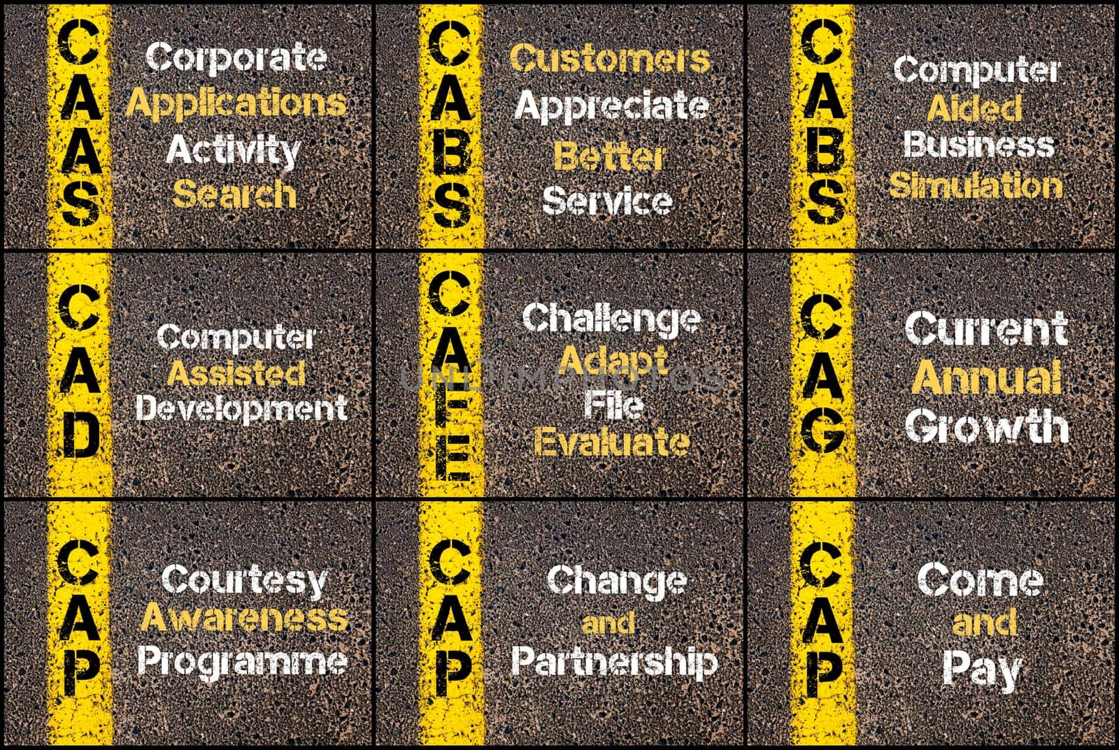 Photo collage of Business Acronyms written over road marking yellow paint line. CAAS, CABS, CAD, CAFE, CAG, CAP