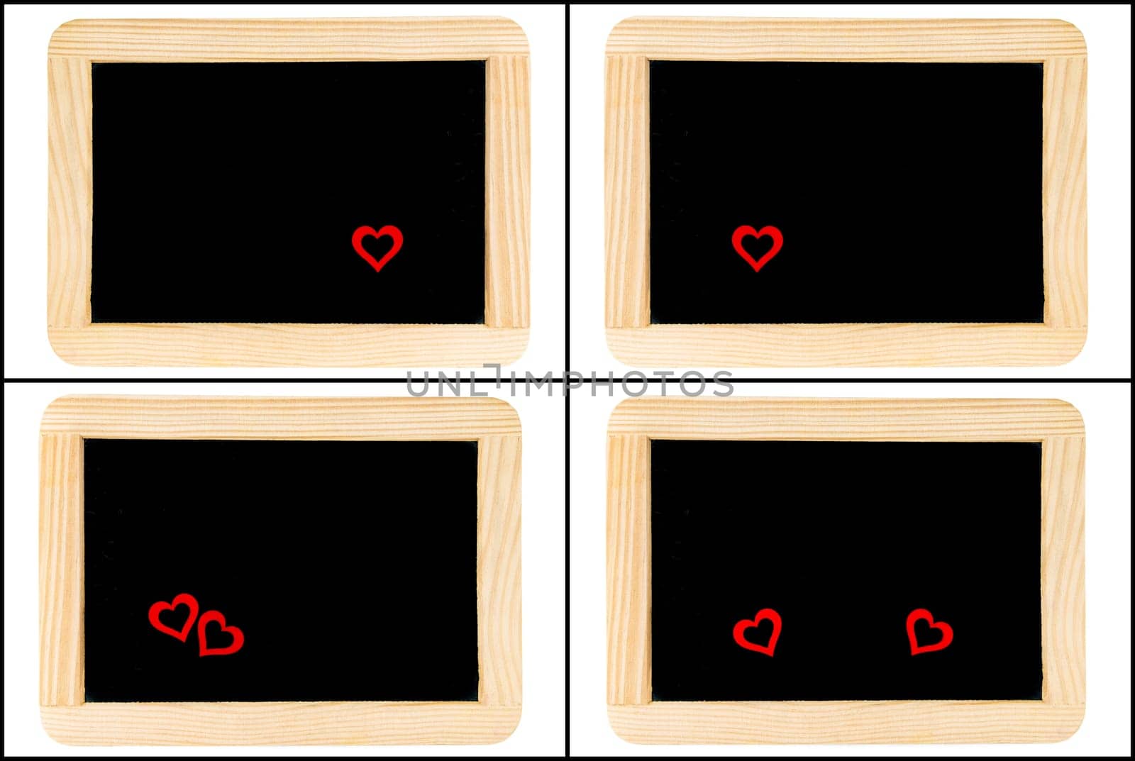 Photo Collage of Vintage Chalkboards with red heart symbols isolated on white, creativity and love concept