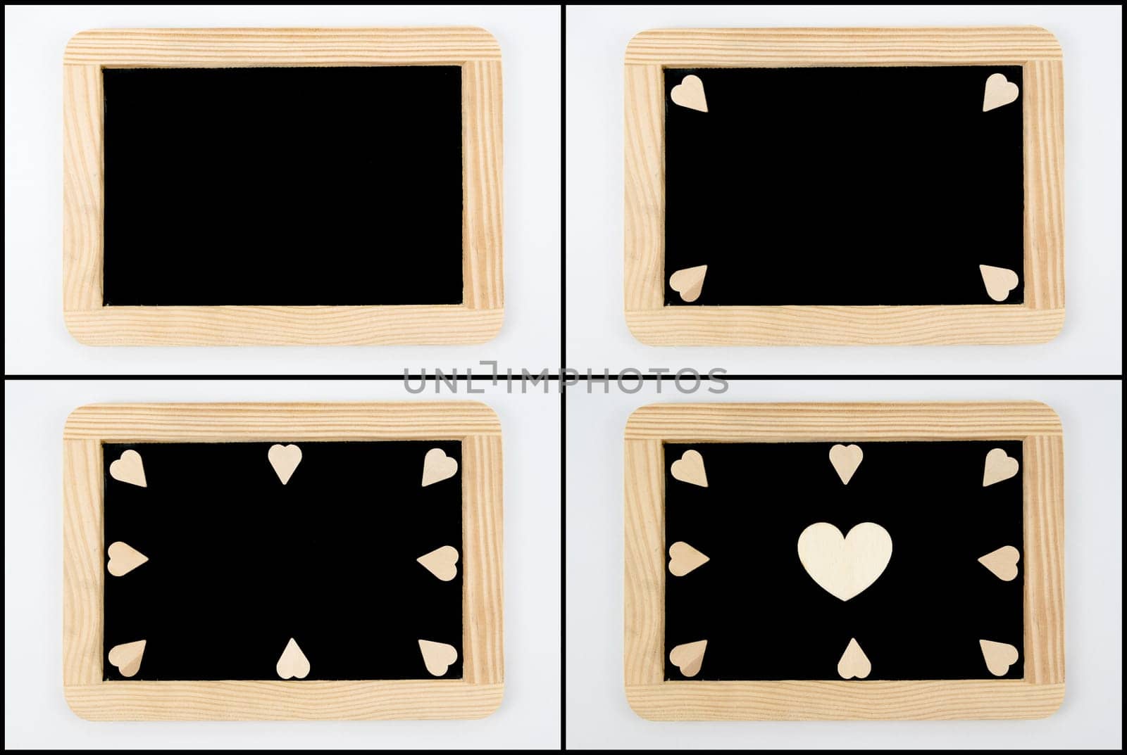 Photo Collage of Vintage Chalkboards with wooden frame isolated on white, craft heart shapes, creativity and love concept