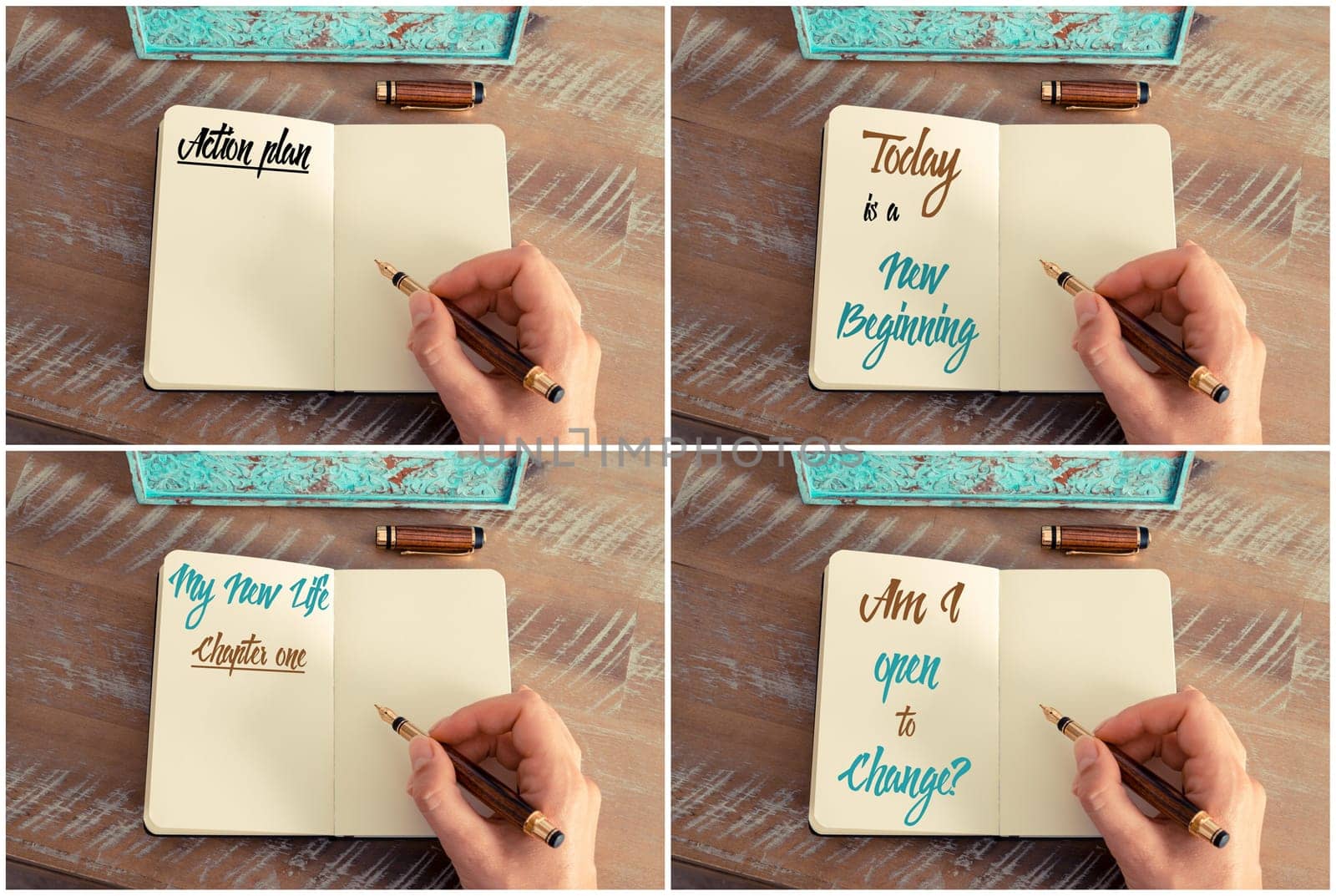 Photo collage of handwritten motivational messages Action Plan, , Where Do I Start, My New Life Chapter One, Today Is A New Beginning, Open To Change.