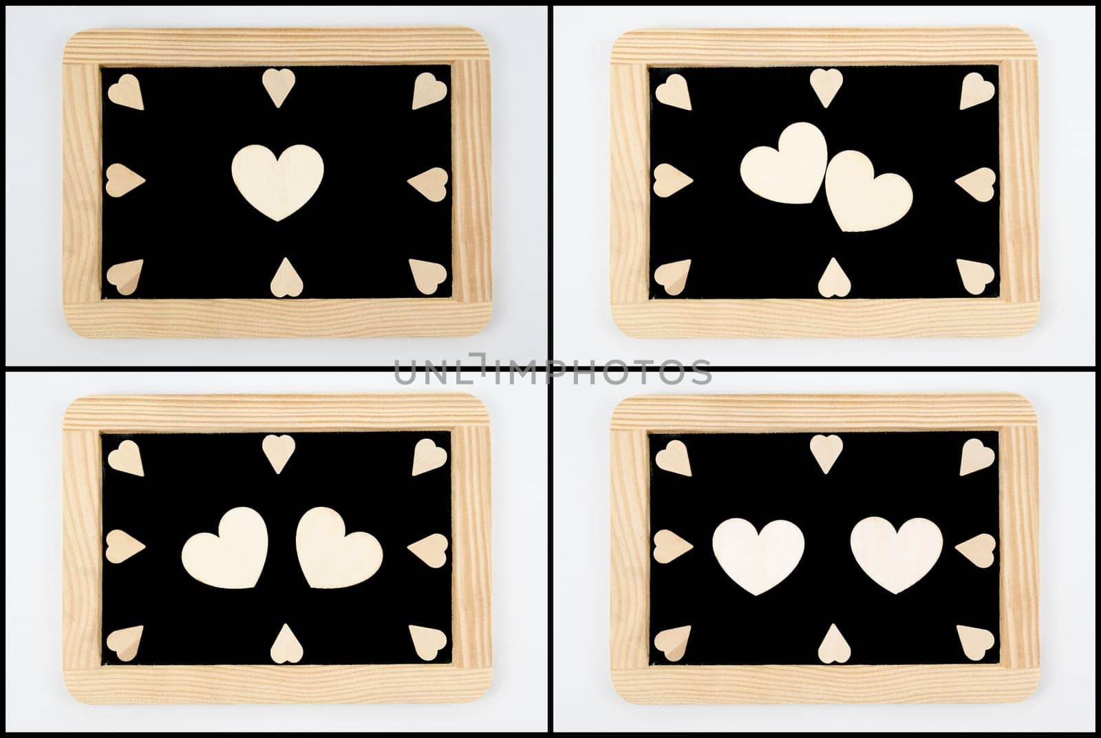Photo Collage of Vintage Chalkboards with wooden frame isolated on white, craft heart shapes, creativity and love concept