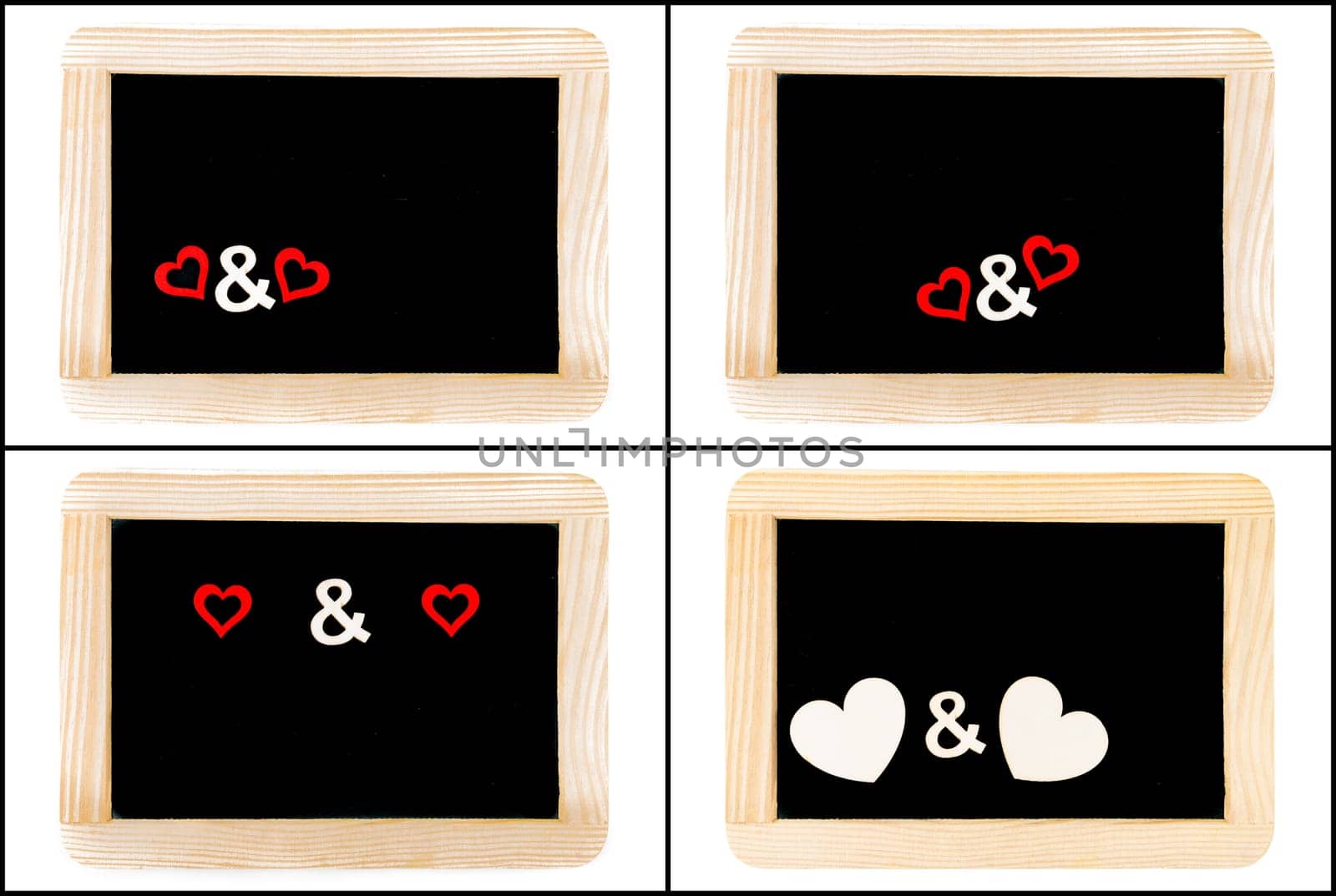 Photo Collage of Vintage Chalkboards with red heart symbols isolated on white, creativity and love concept