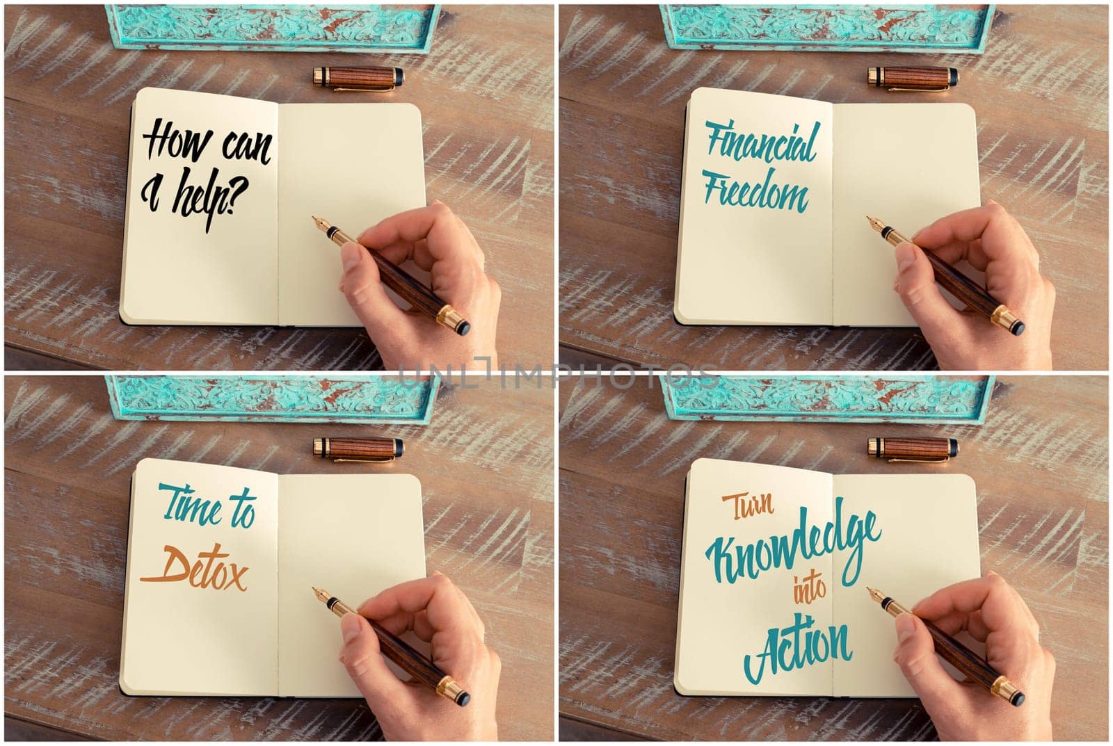Photo collage of handwritten motivational messages How Can I Help, Financial Freedom, Time To Detox, Turn Knowledge Into Action